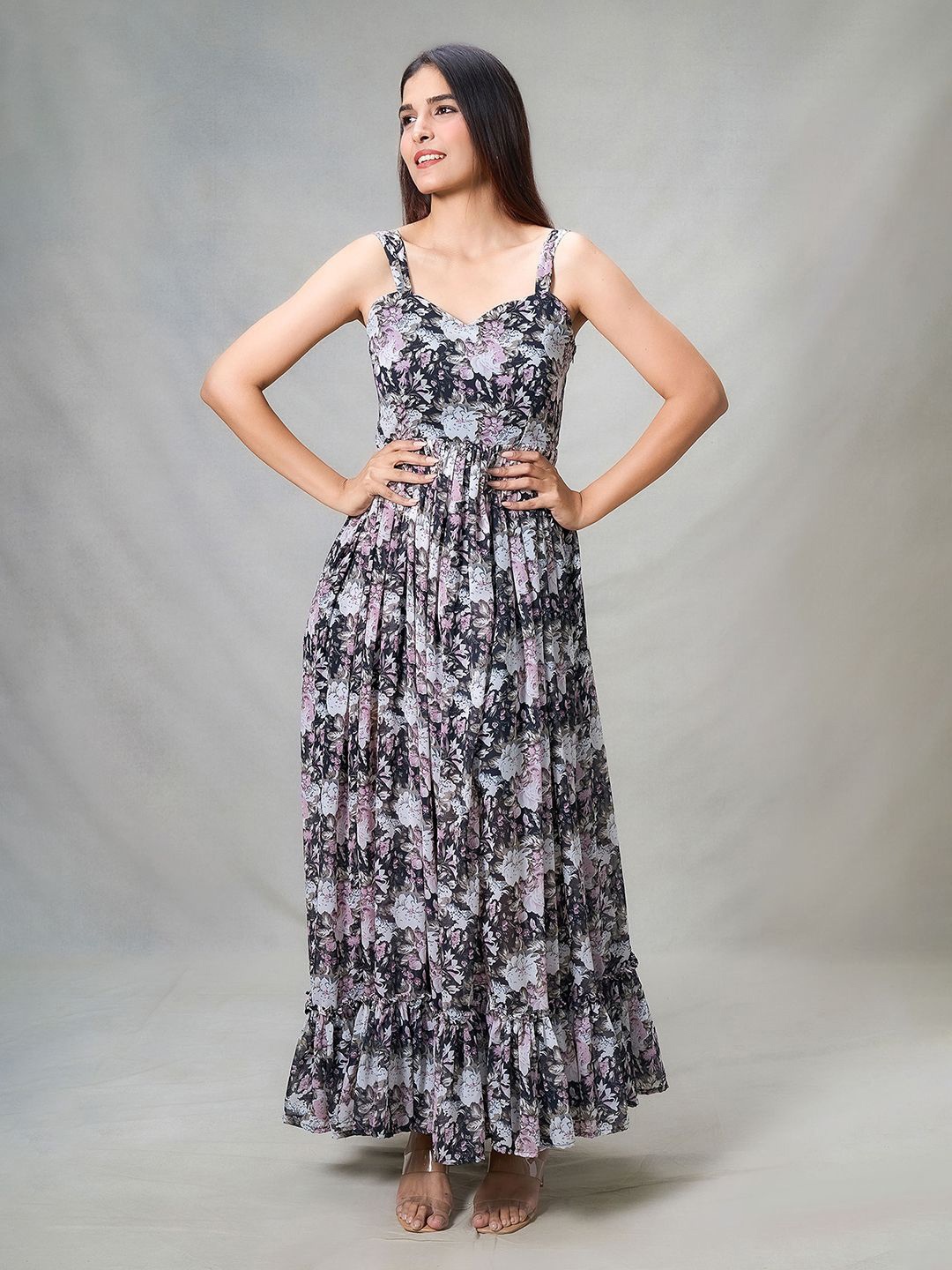 

Samyukta Singhani Women Cotton Floral Printed Maxi Dress, Black