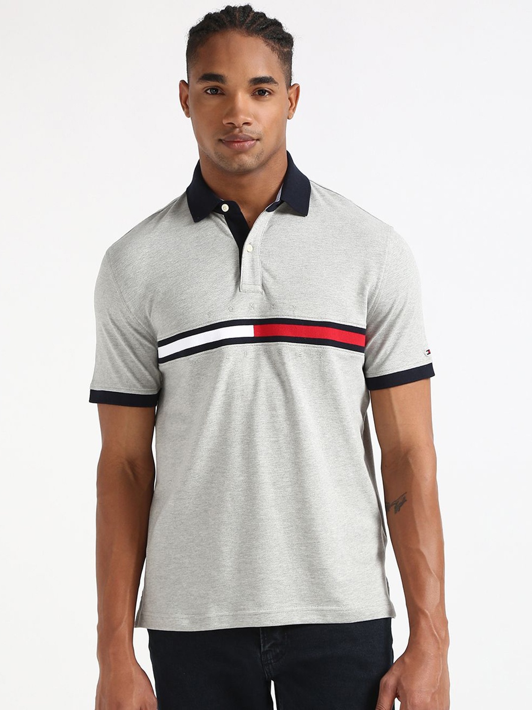 

Tommy Hilfiger Men Solid Polo Collar Cotton Relaxed Fit T-shirt, Grey
