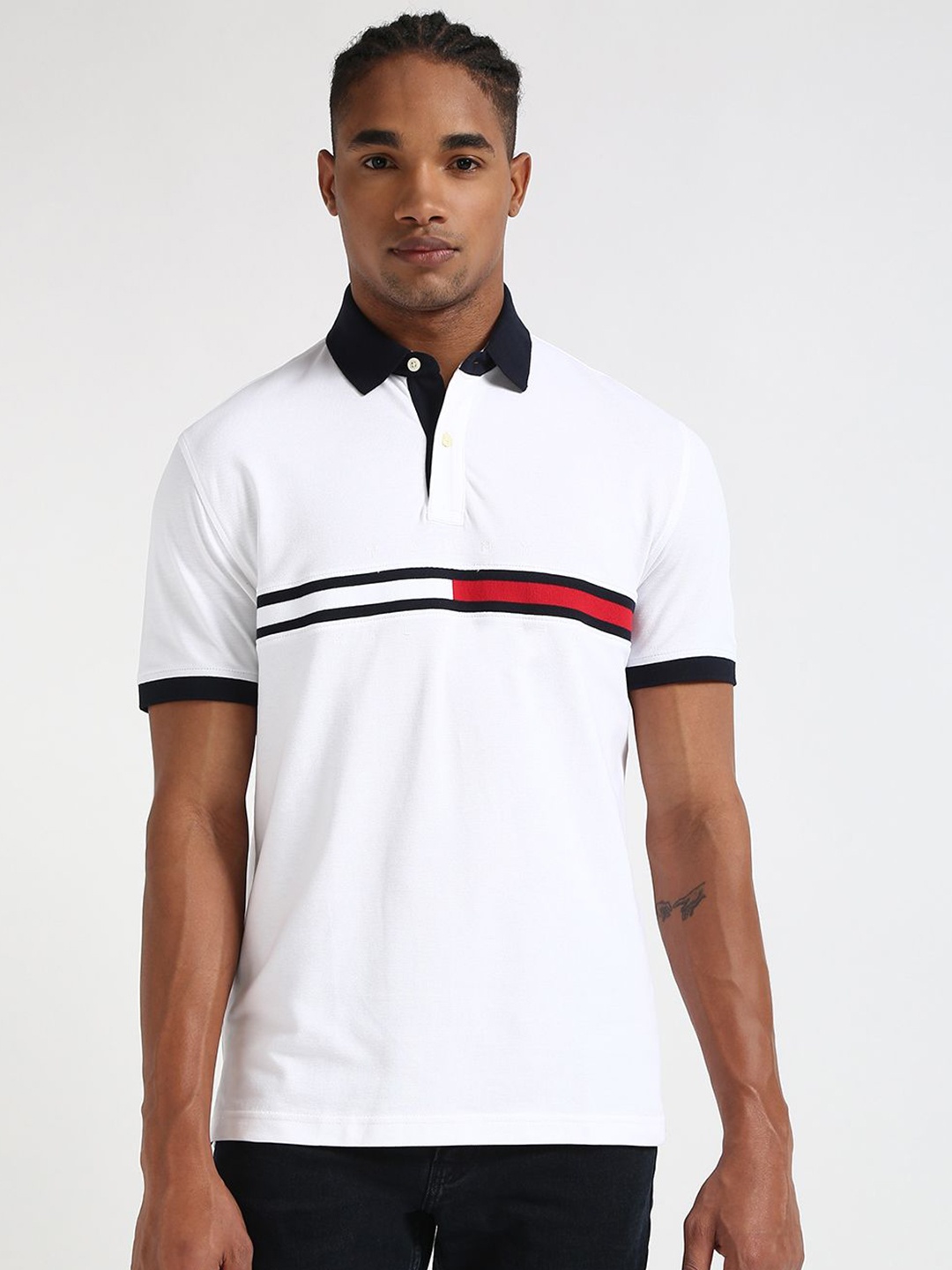 

Tommy Hilfiger Men Solid Polo Collar Cotton Relaxed Fit T-shirt, White