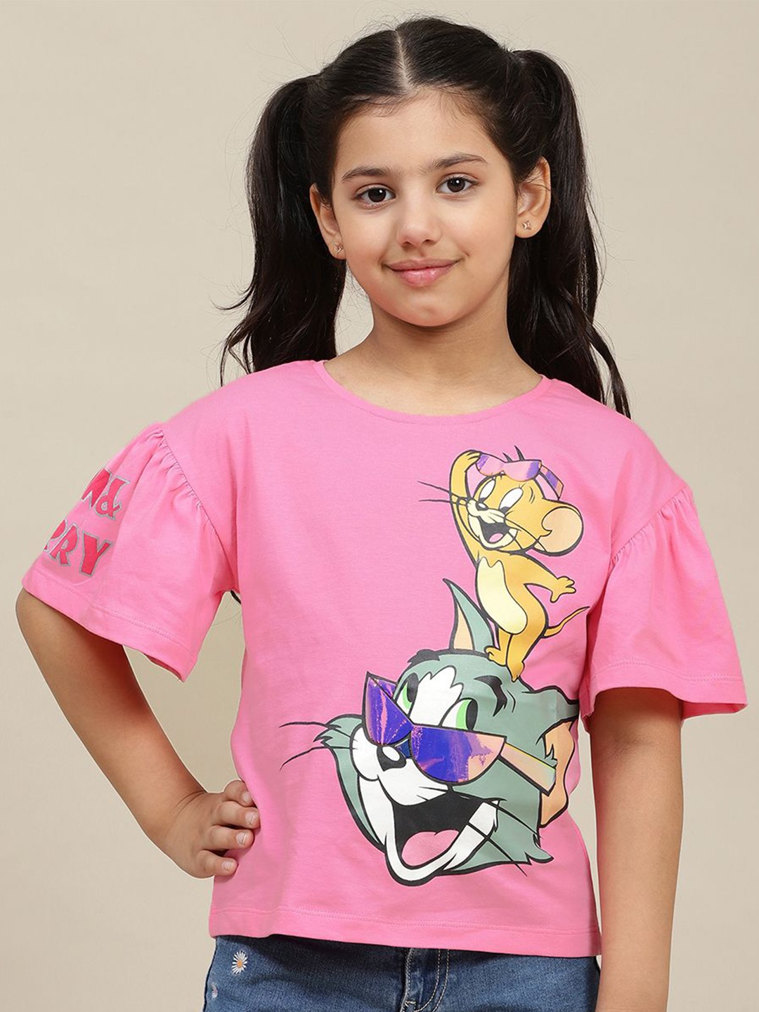 

Kids Ville Girls Graphic Printed Round Neck Cotton Relaxed Fit Tom & Jerry T-shirt, Pink