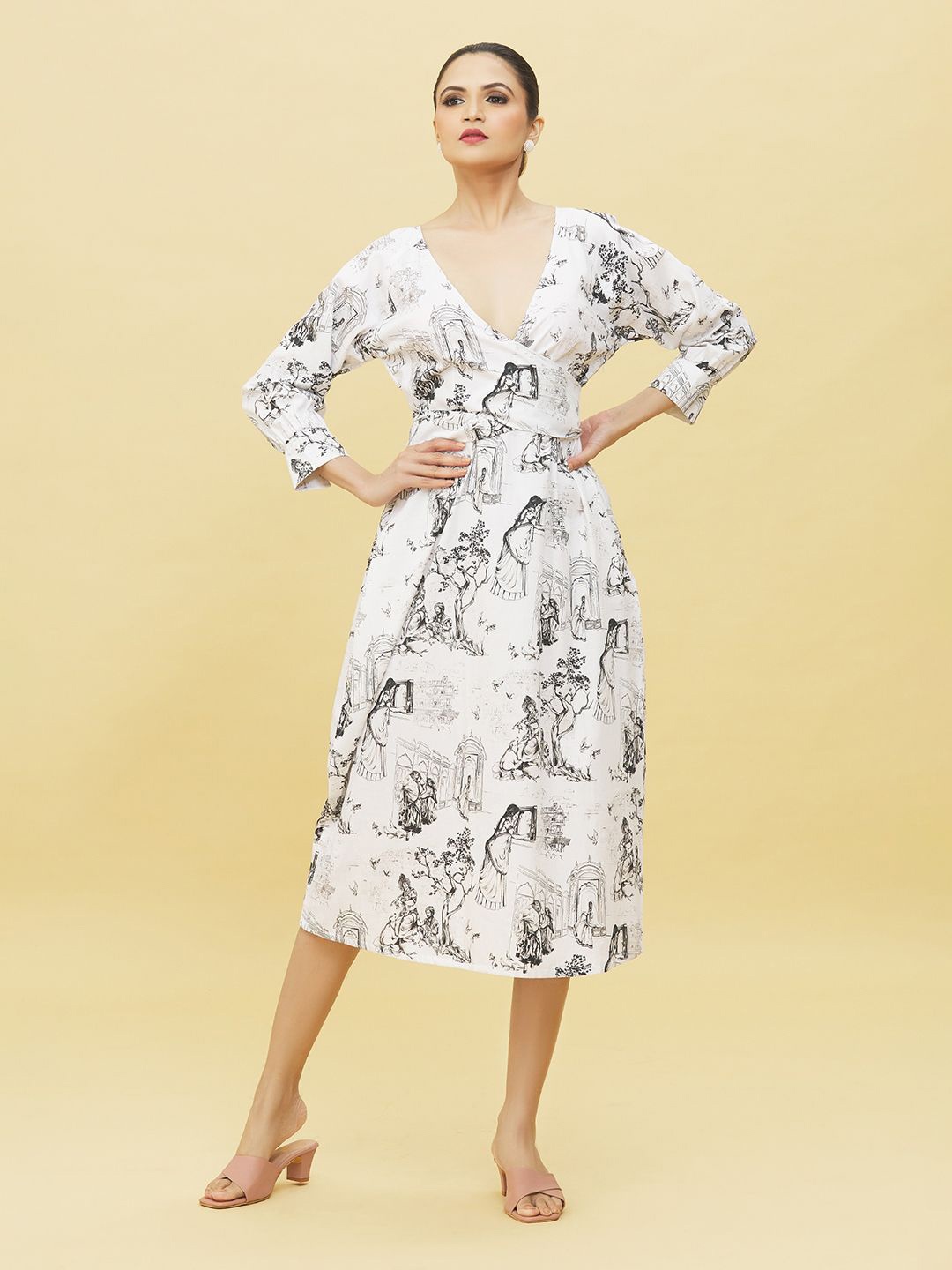 

Samyukta Singhani Printed Fit and Flare Midi Dress, White