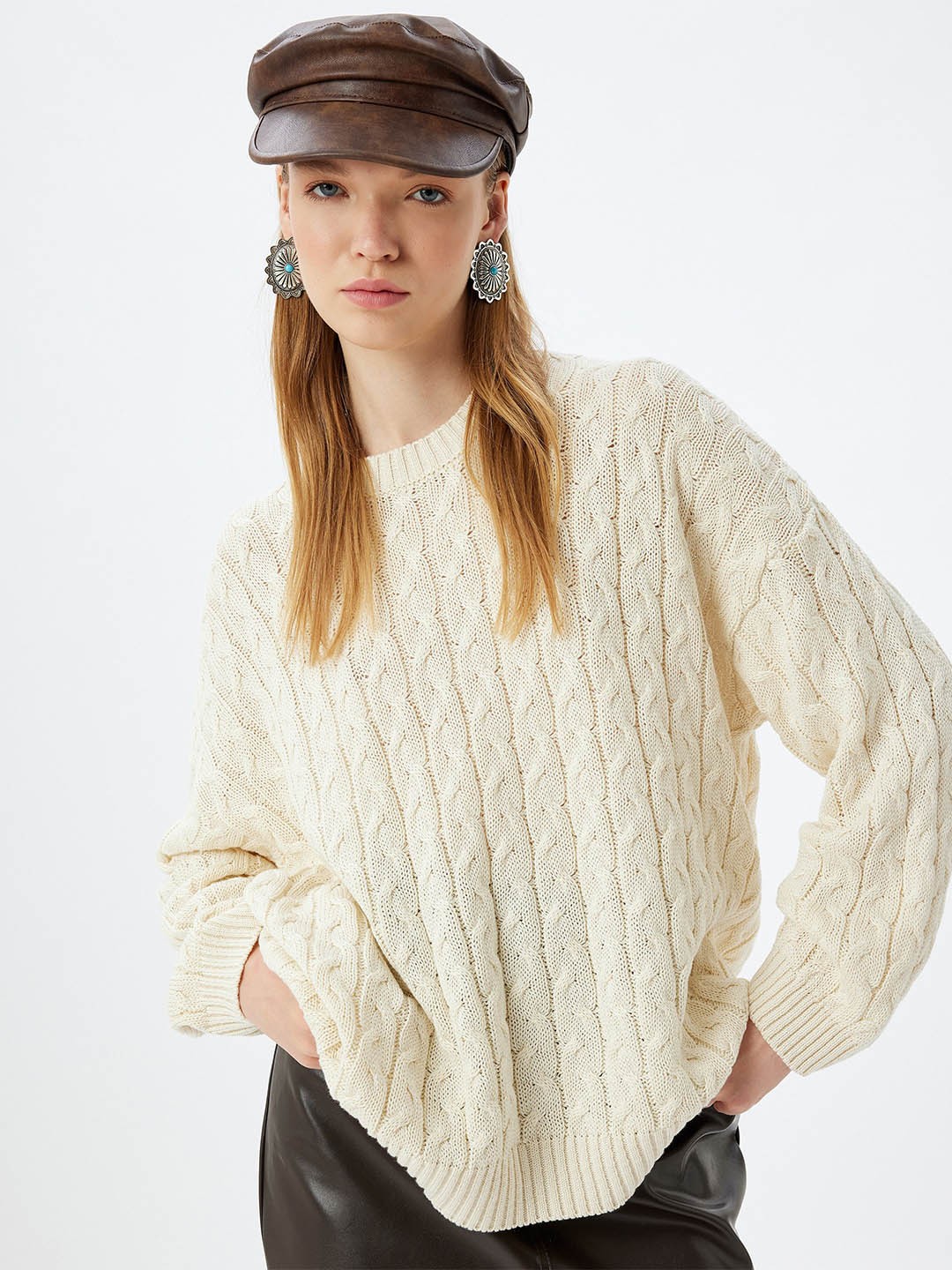 

Koton Women Cable Knit Pullover Sweater, Beige