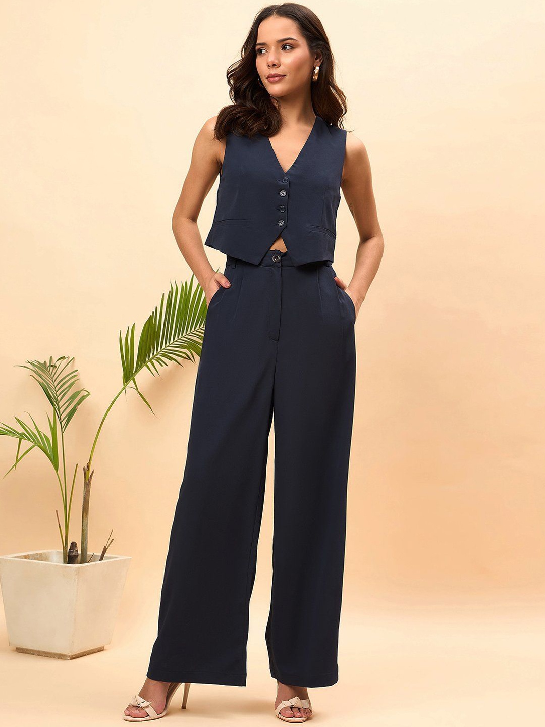 

JUNE & HARRY V Neck Sleeveless Waistcoat With Trouser, Navy blue