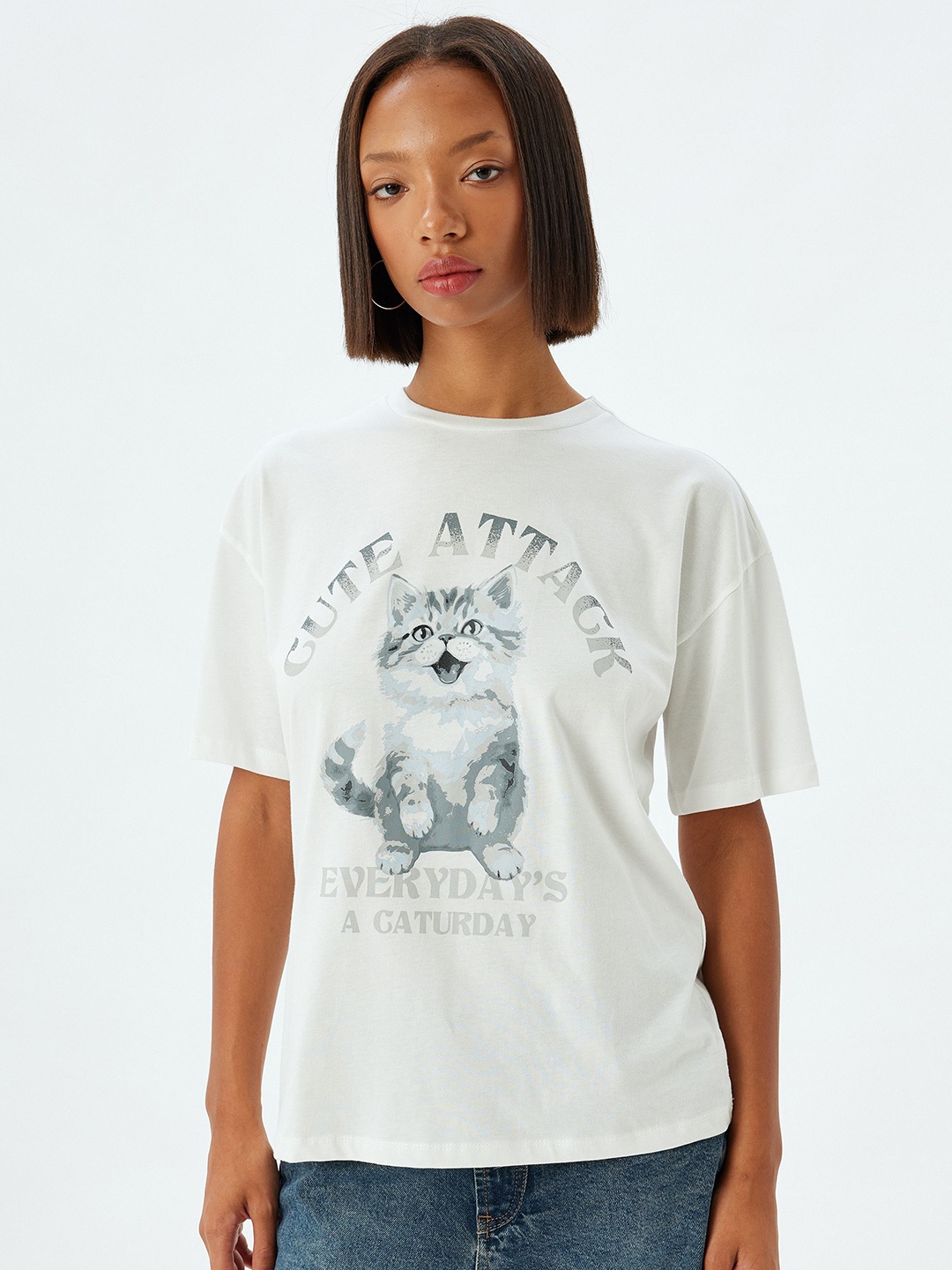 

Koton Women Graphic Printed Round Neck Cotton Oversized T-shirt, White