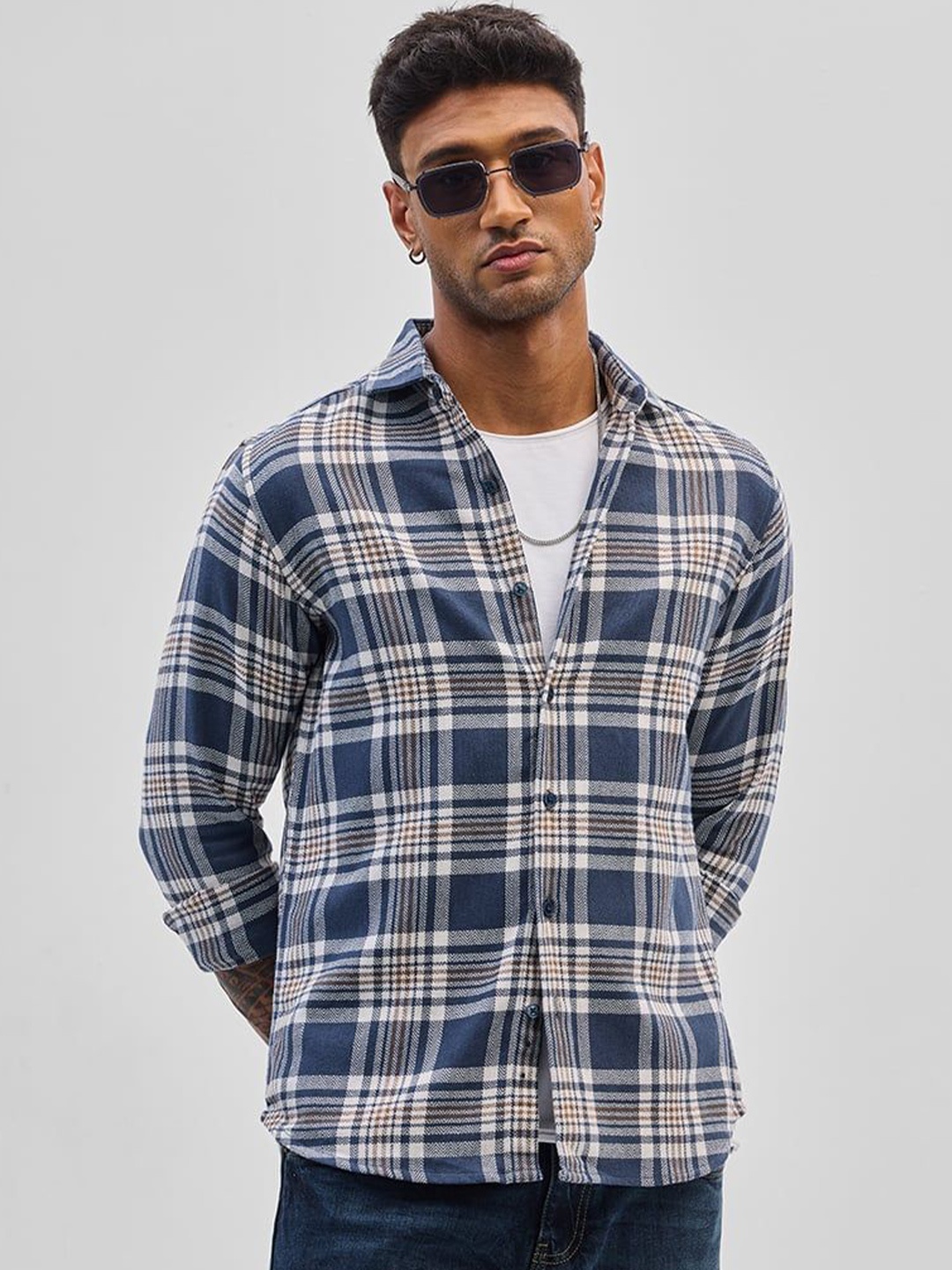 

Snitch Men Smart Spread Collar Tartan Checked Cotton Casual Shirt, Blue