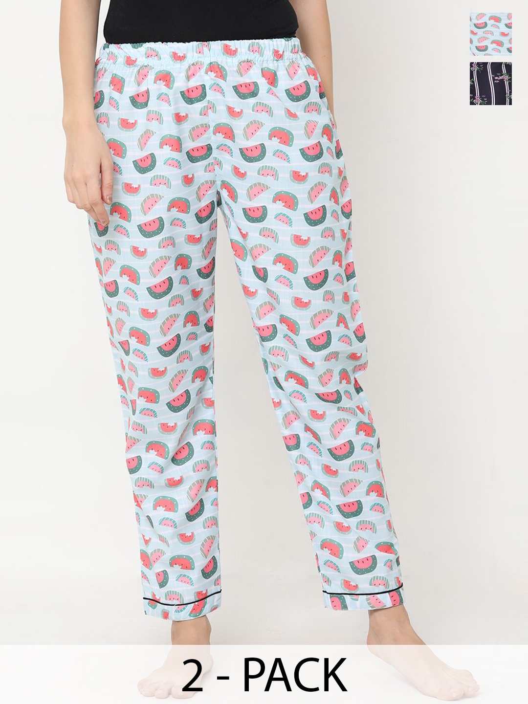 

FashionRack Pack Of 2 Women Printed Mid-Rise Lounge Pants, Blue