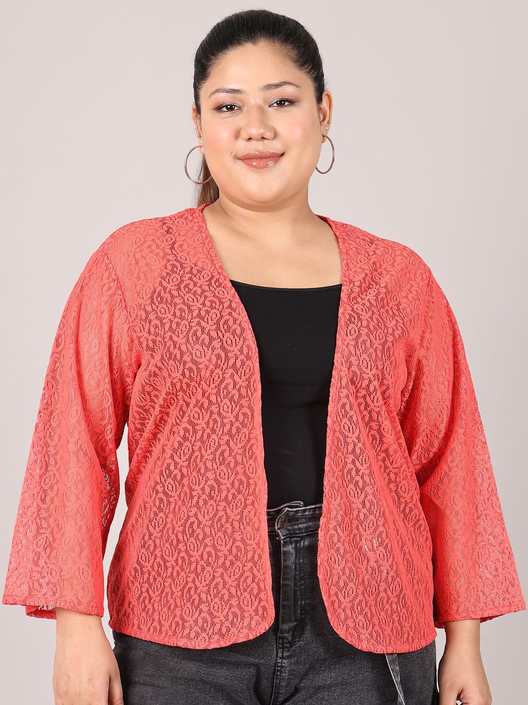 

Rute Plus Size Self Design Pure Cotton Open Front Shrug, Red