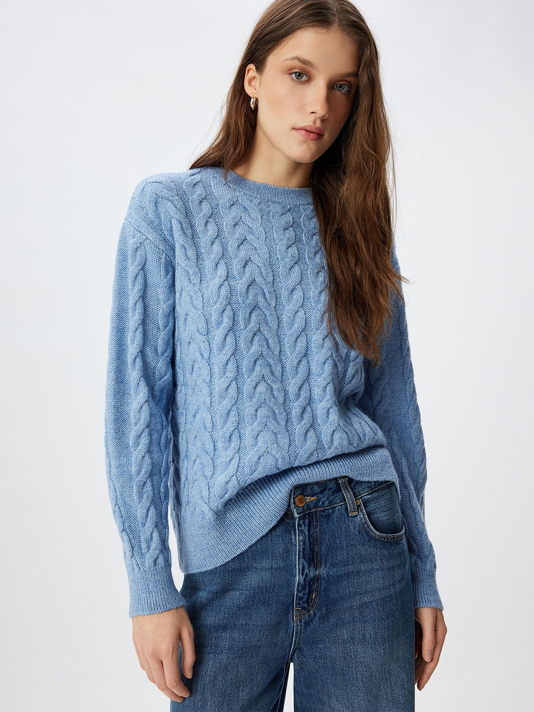 

Koton Women Cable Knit Round Neck Long Sleeves Pullover Sweaters, Blue