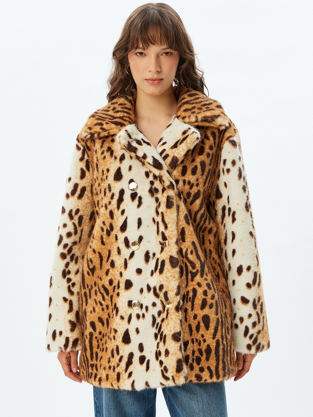 

Koton Women Animal Printed Single-Breasted Overcoat, Camel brown