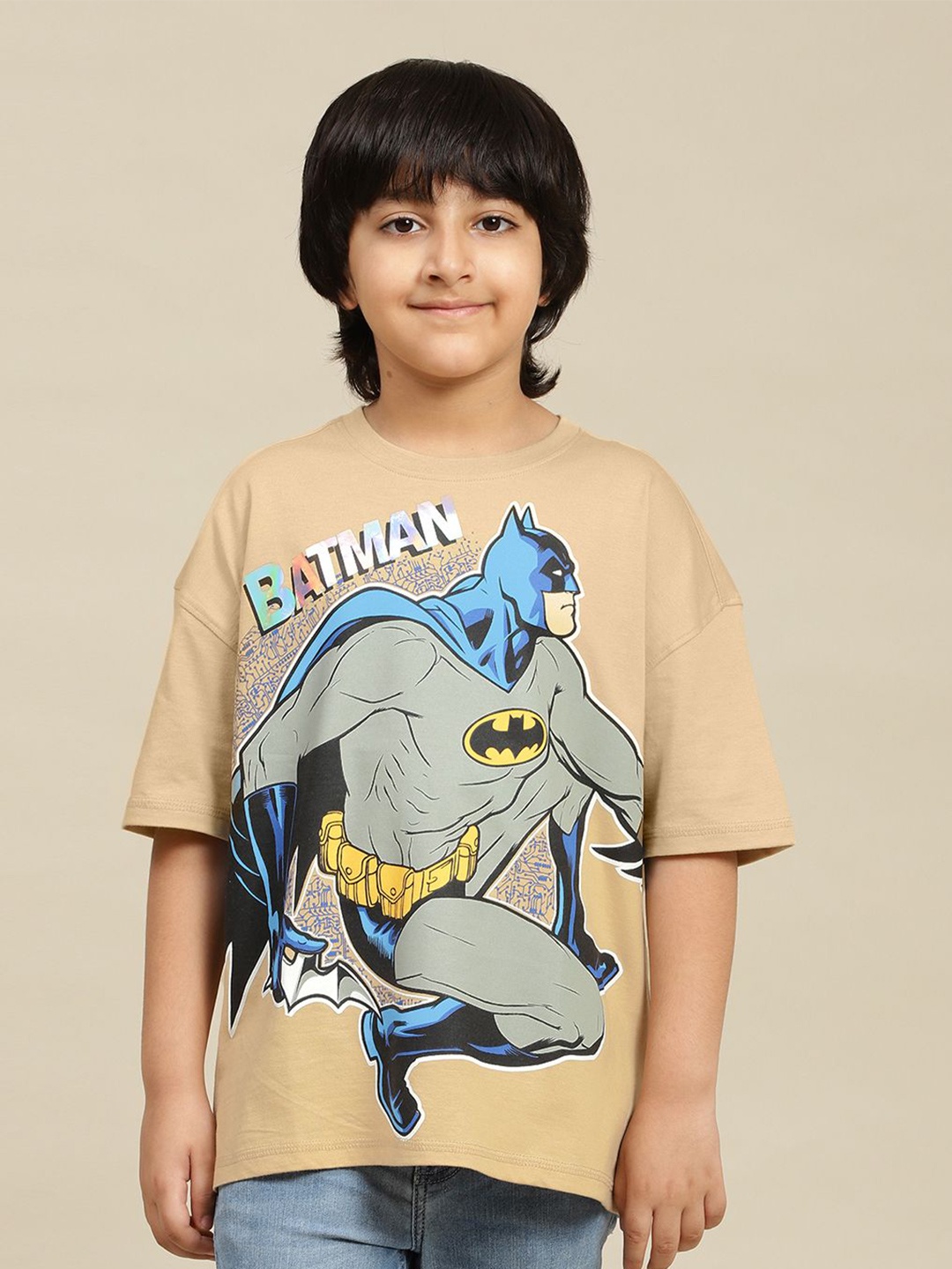 

Kids Ville Boys Graphic Printed Round Neck Cotton Oversized Batman T-shirt, Beige
