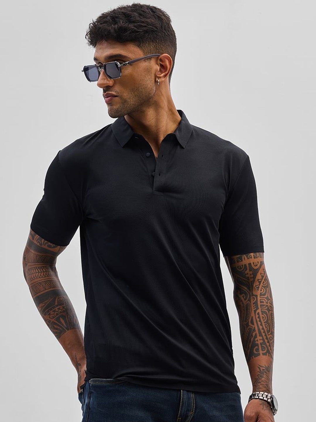 

Snitch Men Self Design Polo Collar Slim Fit T-shirt, Black