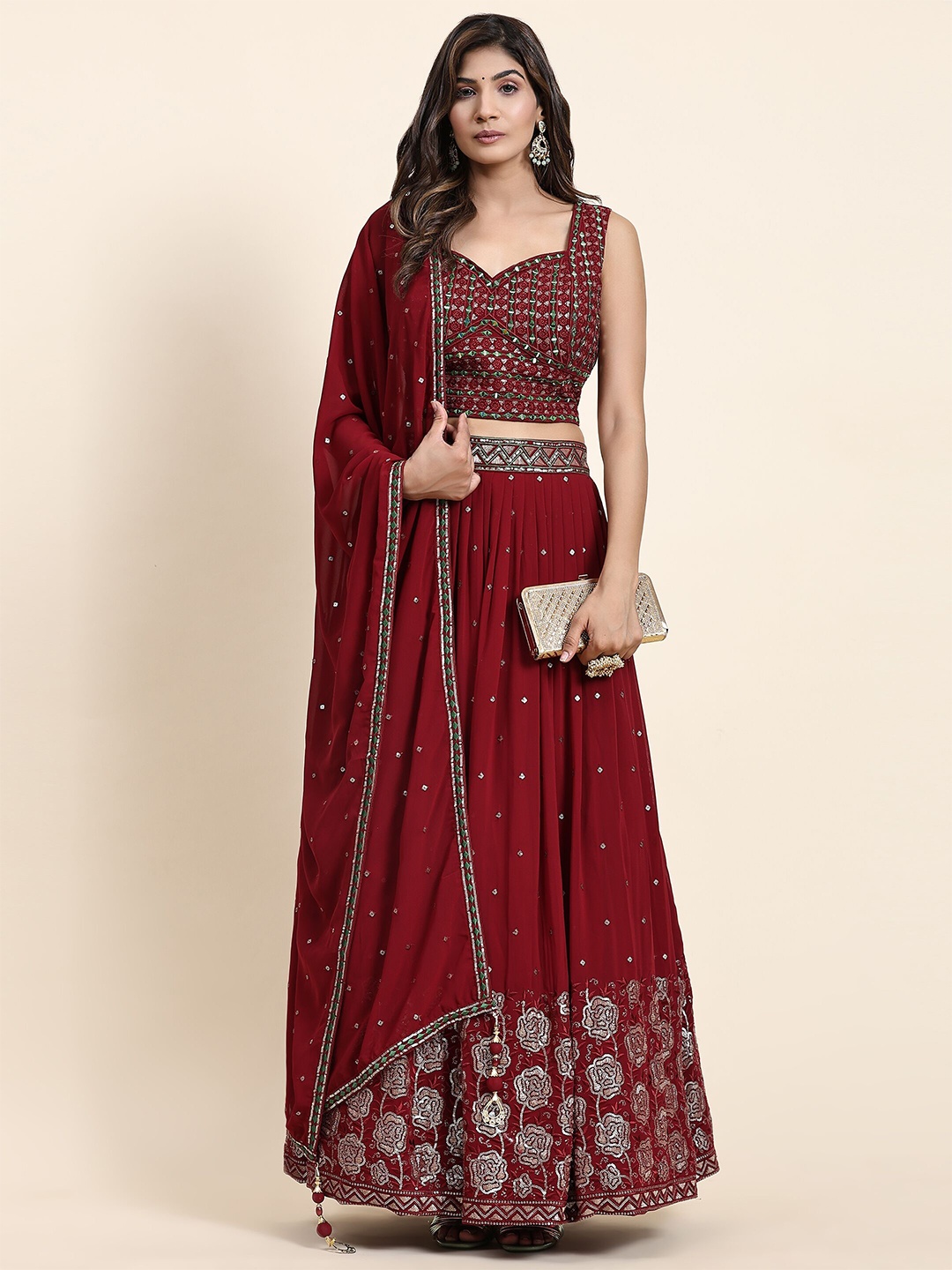 

VANAKARA Embroidered Sequinned Ready to Wear Lehenga & Blouse With Dupatta, Maroon