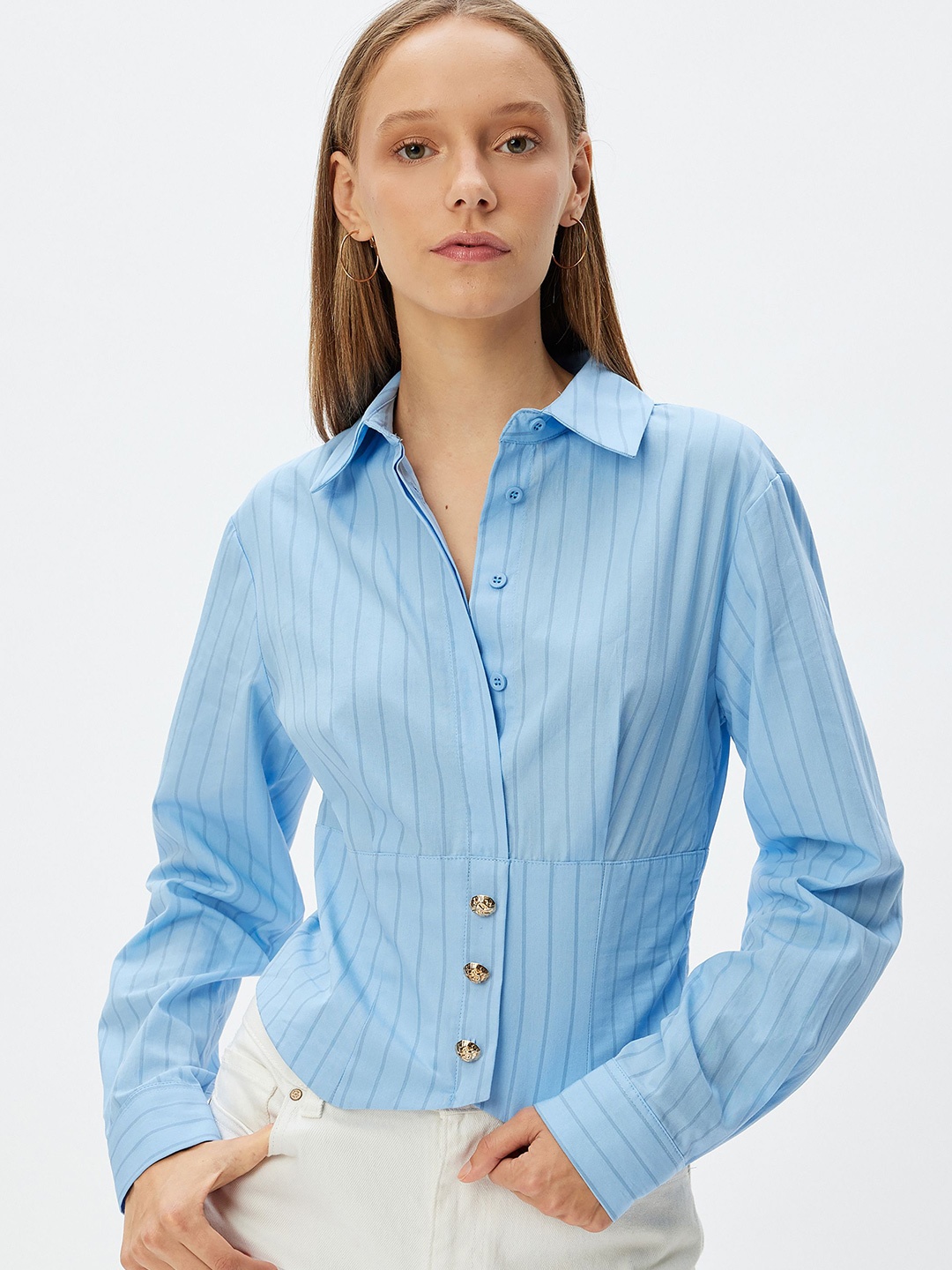 

Koton Women Slim Fit Opaque Striped Casual Shirt, Blue