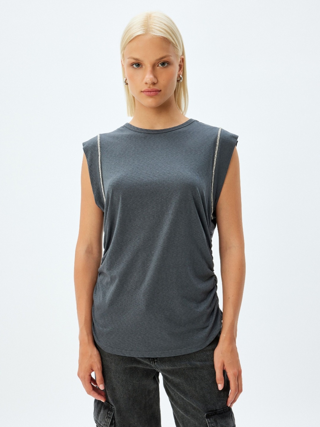 

Koton Women Mandarin Collar Pockets T-shirt, Grey