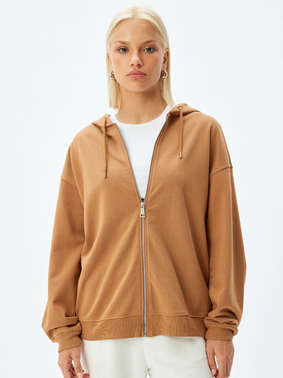 

Koton Women Pure Cotton Long Sleeve Hooded Sweatshirt, Camel brown