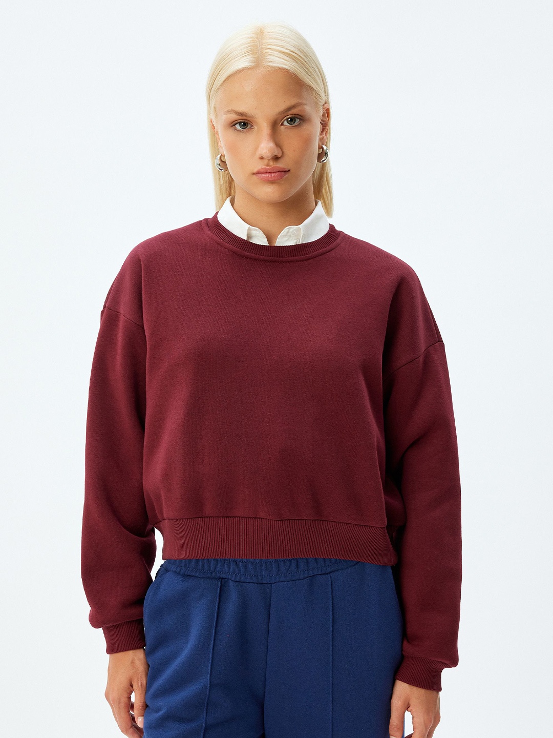 

Koton Women Round Neck Cotton Sweatshirt, Maroon