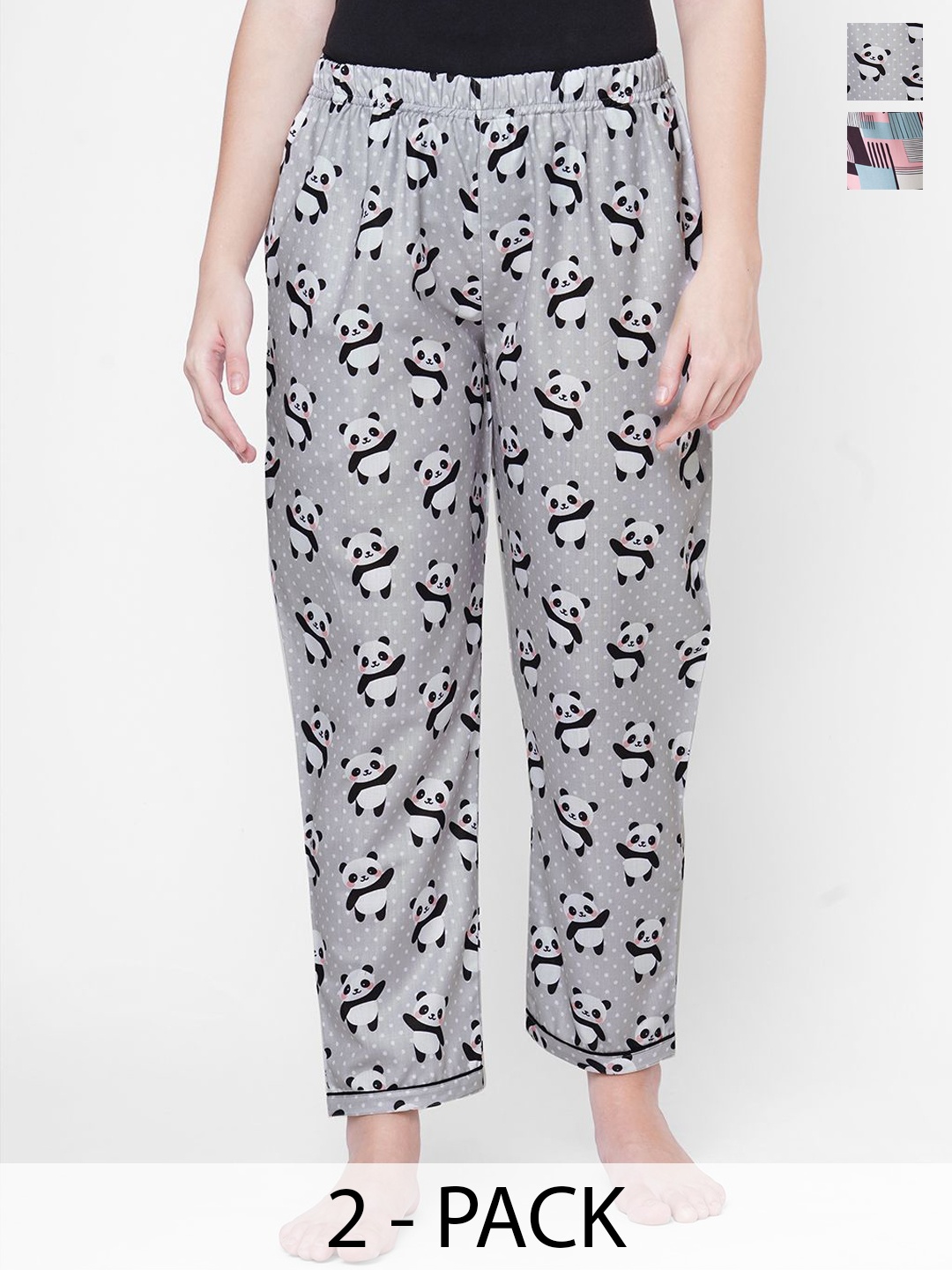 

FashionRack Women Pack Of 2 Mid-Rise Printed Lounge Pants, Grey