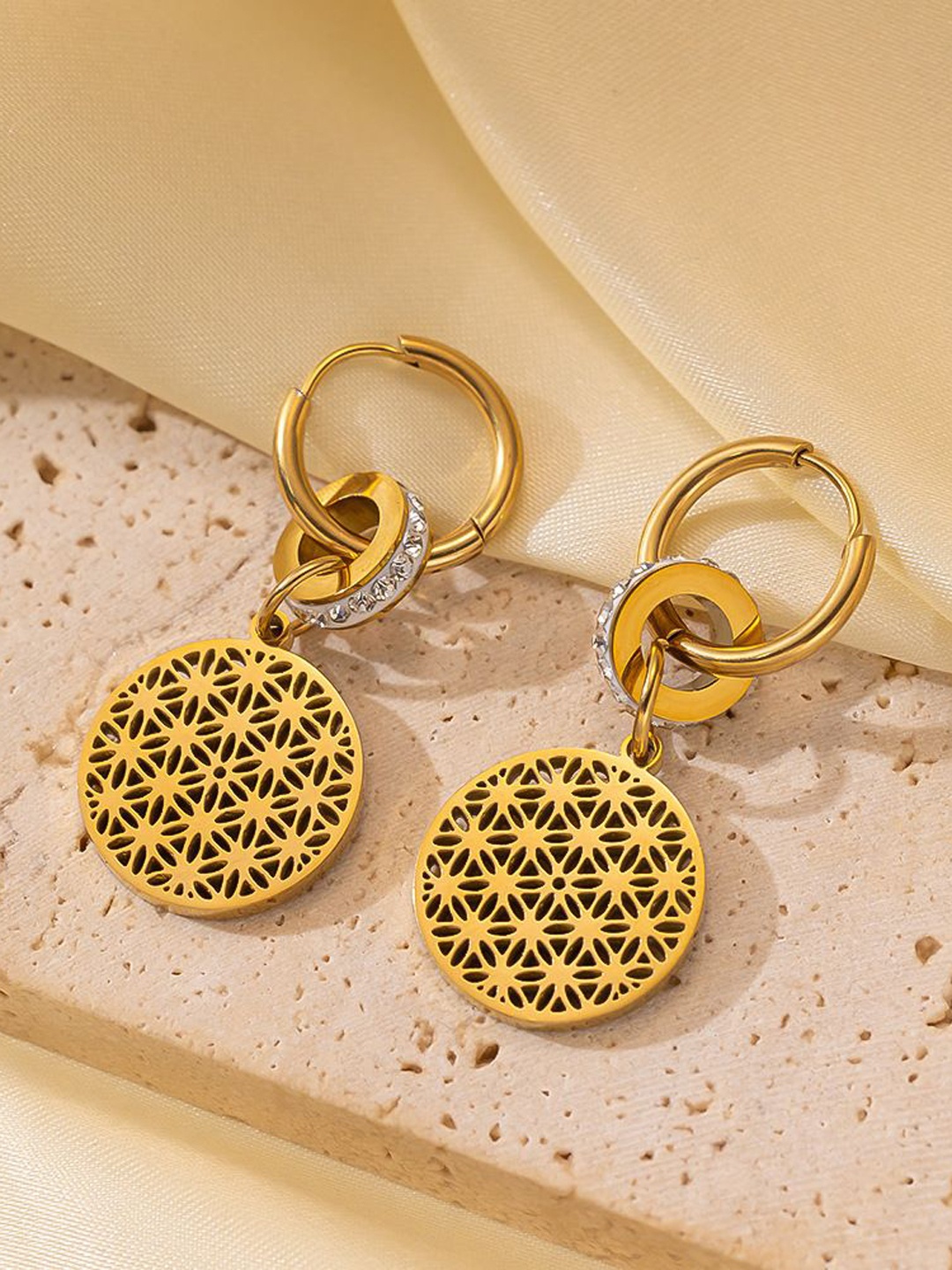 

MYKI Gold-Plated Showy Stainless Steel Circular Stone Studded Hoop Earrings