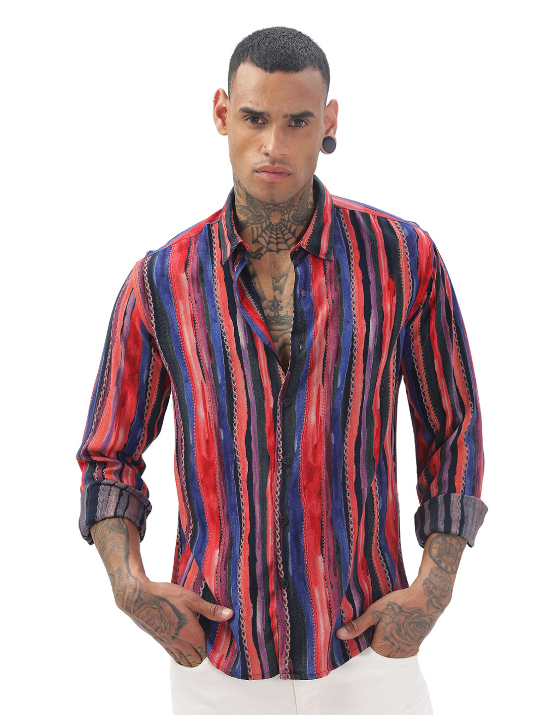 

ilyzly Men Standard Spread Collar Abstract Printed Tailored Fit Casual Shirt, Blue