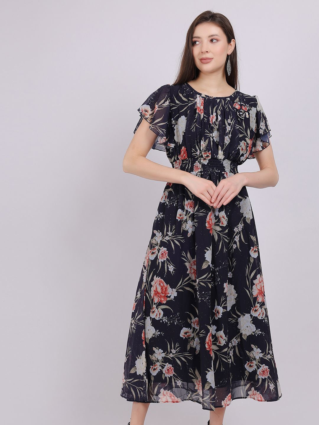 

Aumbe Women Floral Printed Smocked Tiered Fit & Flare Midi Dress, Navy blue