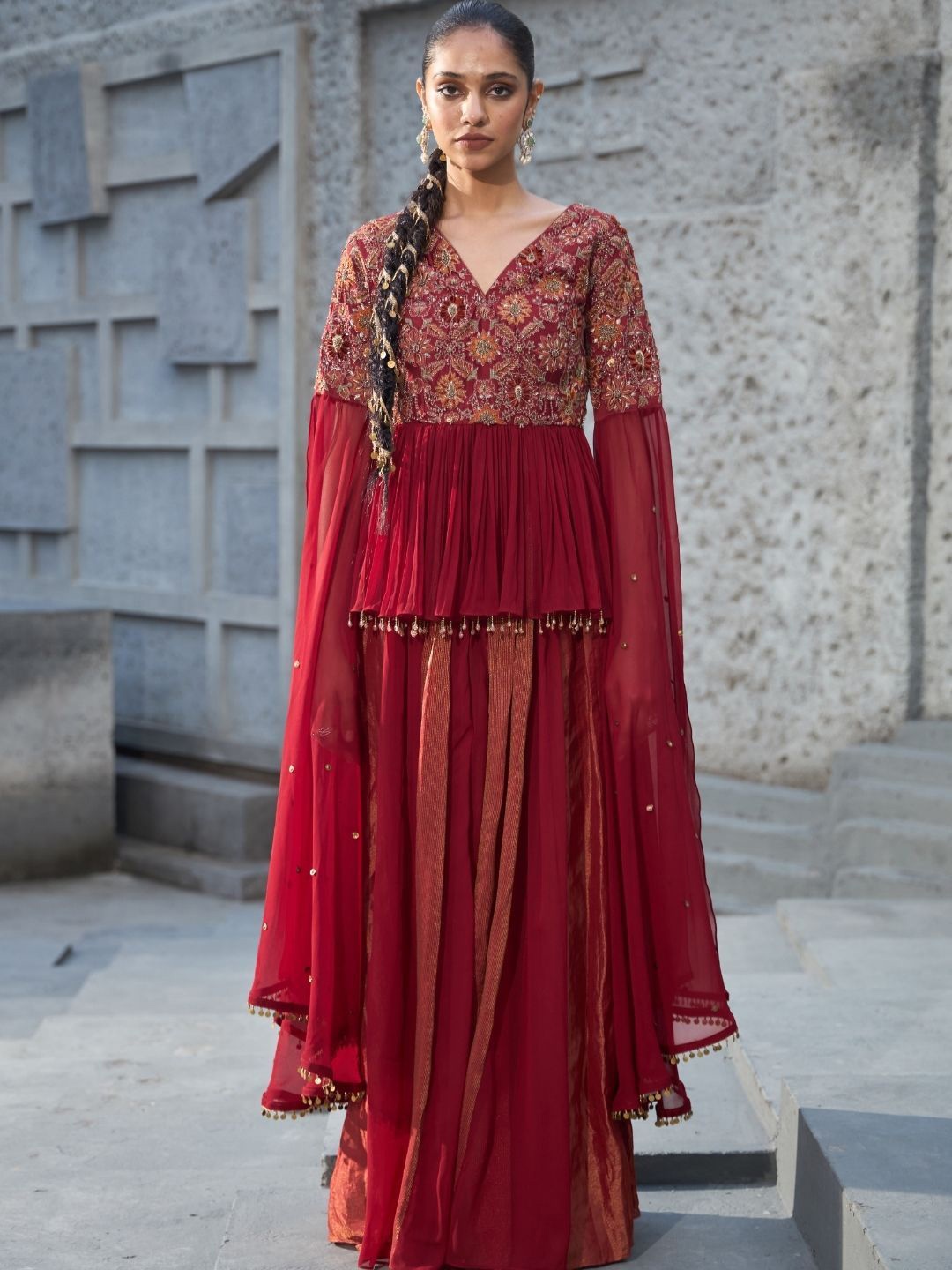 

Shreeka Floral Embroidered Yoke Design Sequinned A-Line Kurta With Sharara, Red