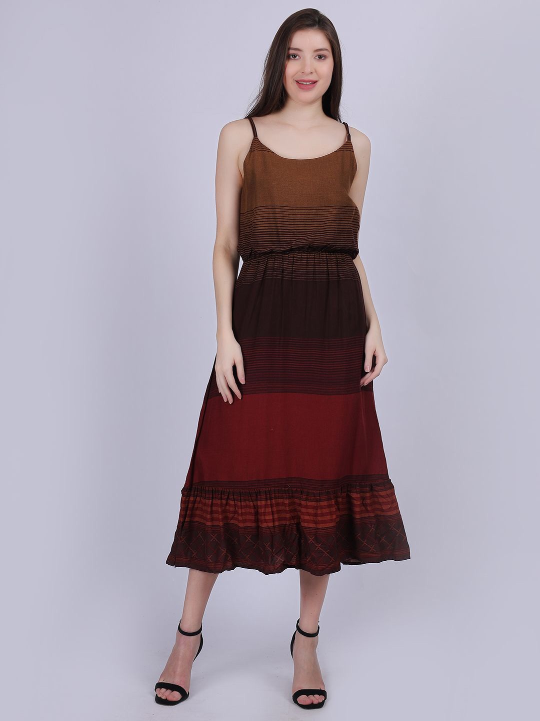 

Aumbe Women Striped A-Line Midi Cotton Dress, Brown