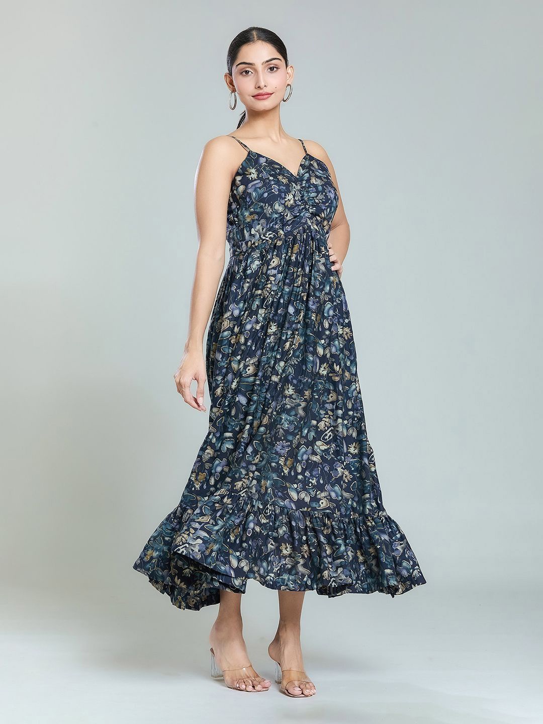 

Samyukta Singhani Women Floral Printed Cotton Fit and Flare Dress, Blue