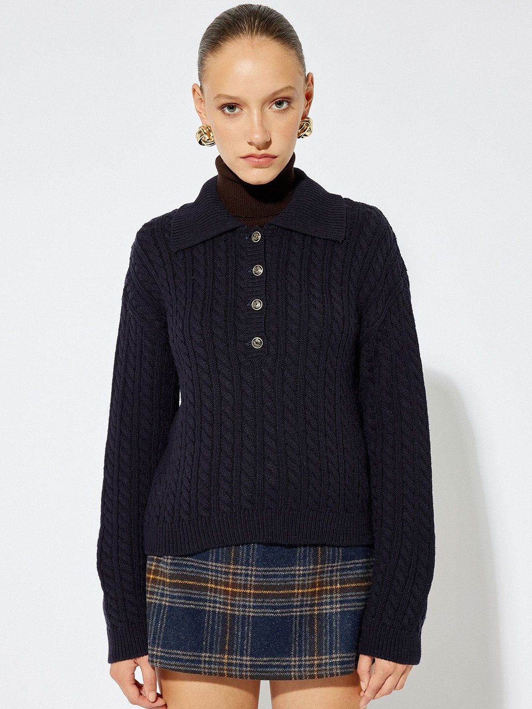 

Koton Women Front-Open Cable Knit Sweaters, Navy blue