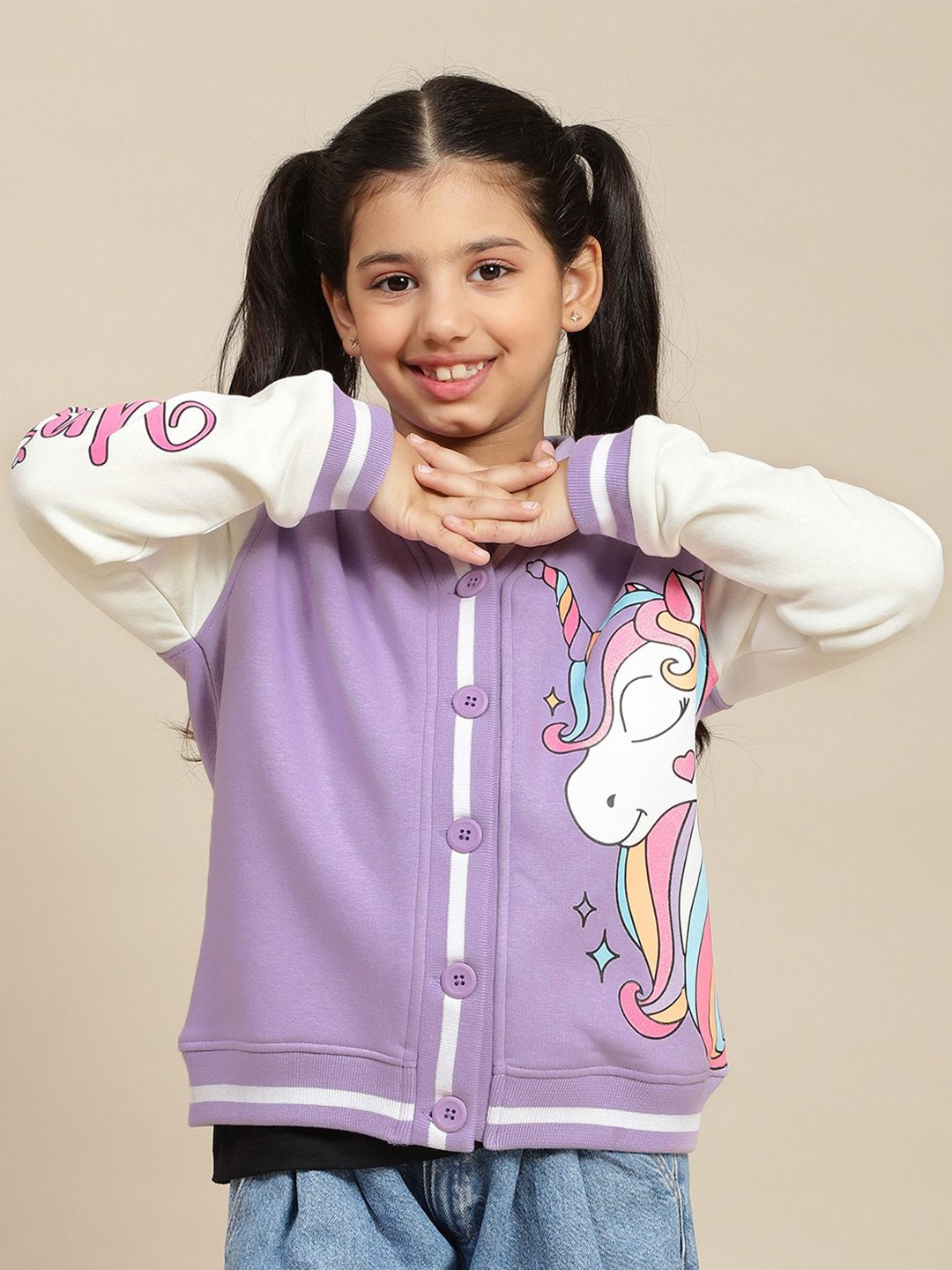 

Kids Ville Girls Unicorn Printed Front Open Cardigan, Purple