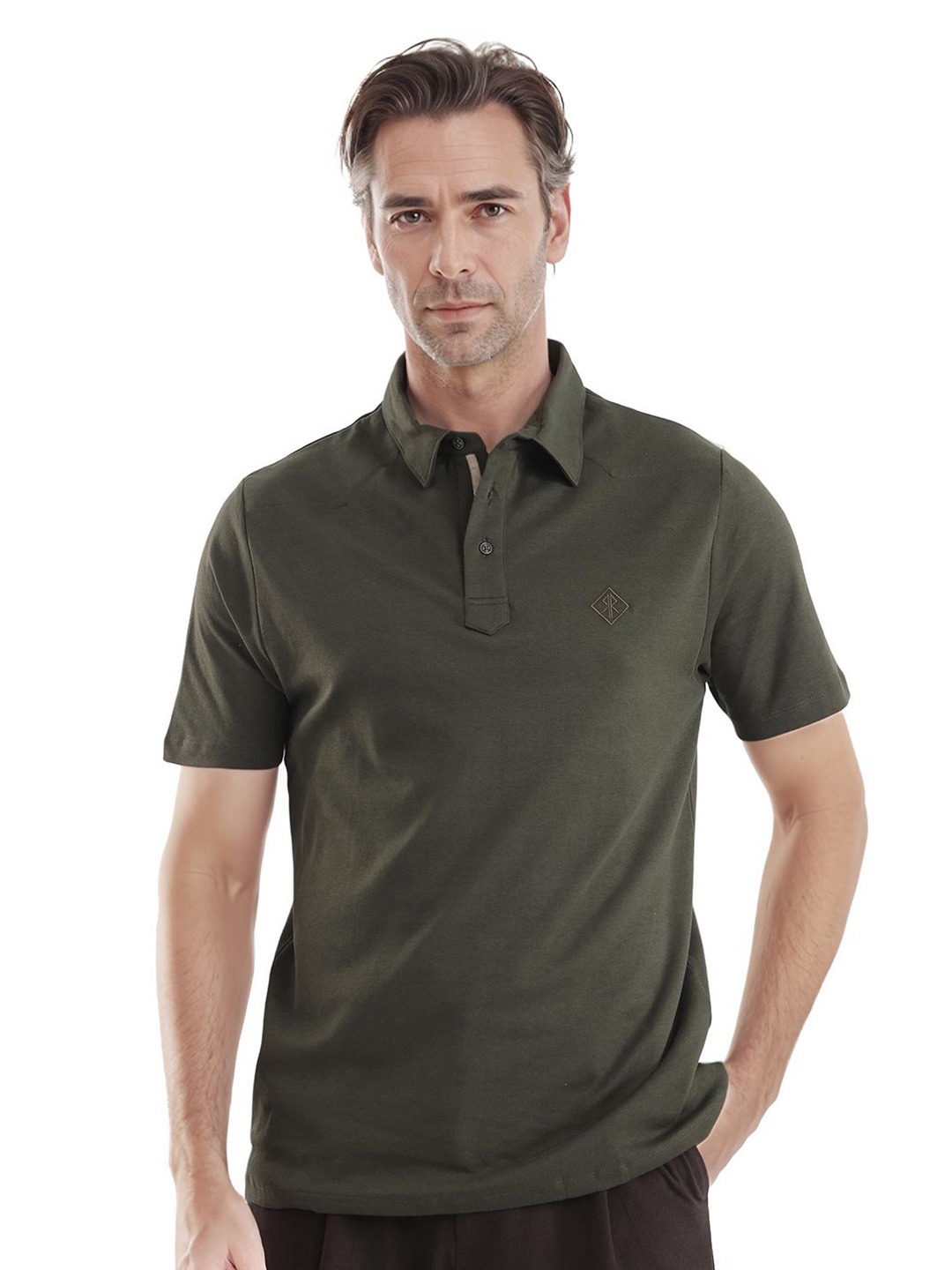 

RARE RABBIT Men Solid Polo Collar Cotton T-shirt, Olive