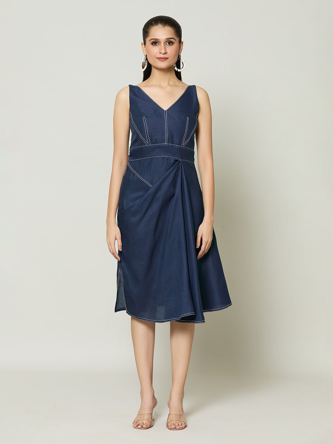 

Samyukta Singhani V-Neck Fit and Flare Drape Dress, Navy blue