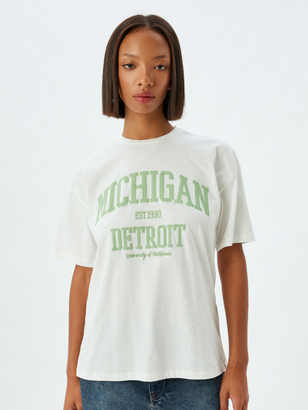 

Koton Women Typography Printed Round Neck Cotton Oversized T-shirt, White