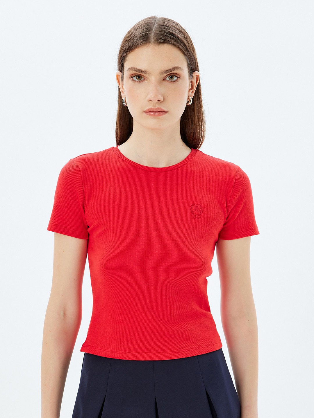 

Koton Women Solid Round Neck Cotton Slim Fit T-shirt, Red