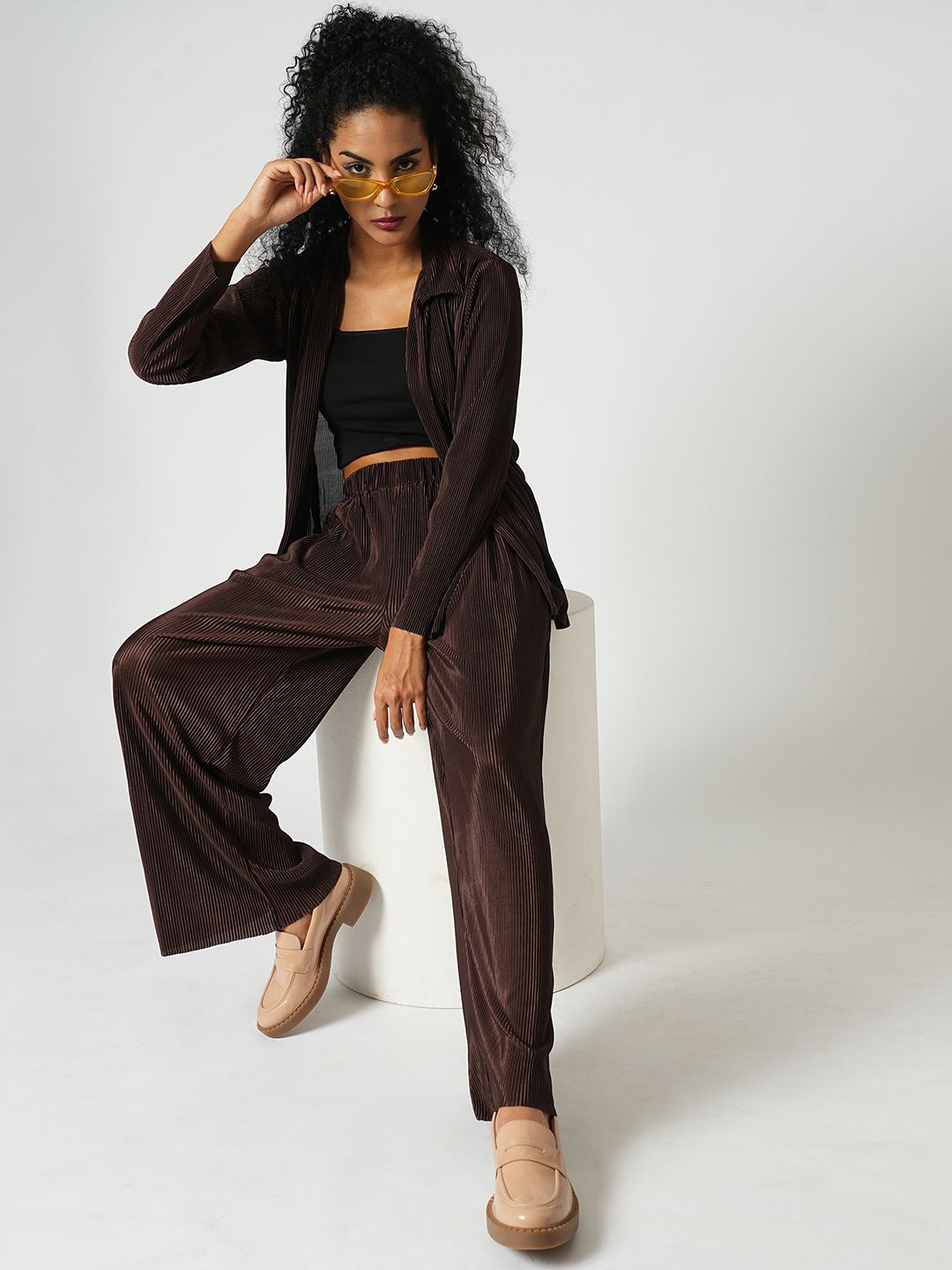

Globus Accordion Pleats Shirt With Elasticated Wide-Leg Trousers Plisse Co-Ord Set, Brown