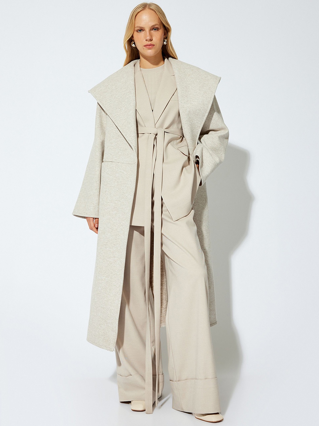 

Koton Women Longline Single-Breasted Overcoat, Beige