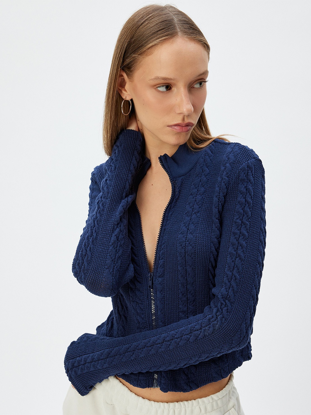 

Koton Women Cable Knit Front-Open Sweaters, Navy blue