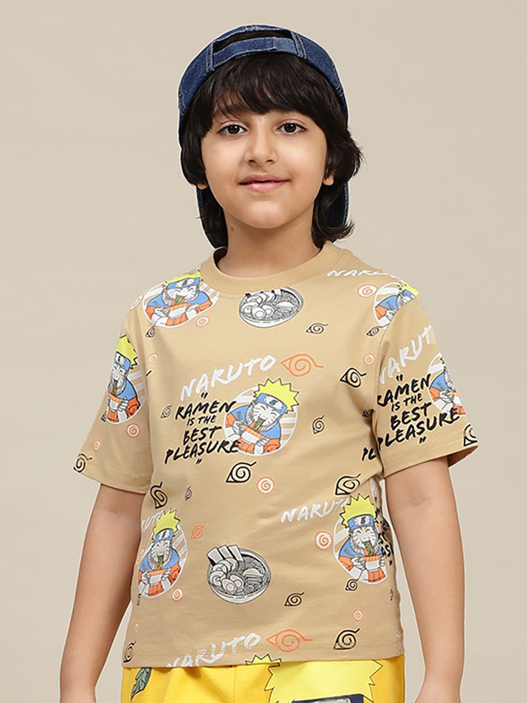 

Kids Ville Boys Graphic Printed Round Neck Cotton Naruto T-shirt, Beige