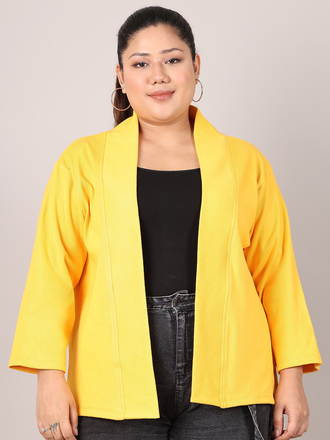 

Rute Plus Size Pure Cotton Open Front Shrug, Yellow