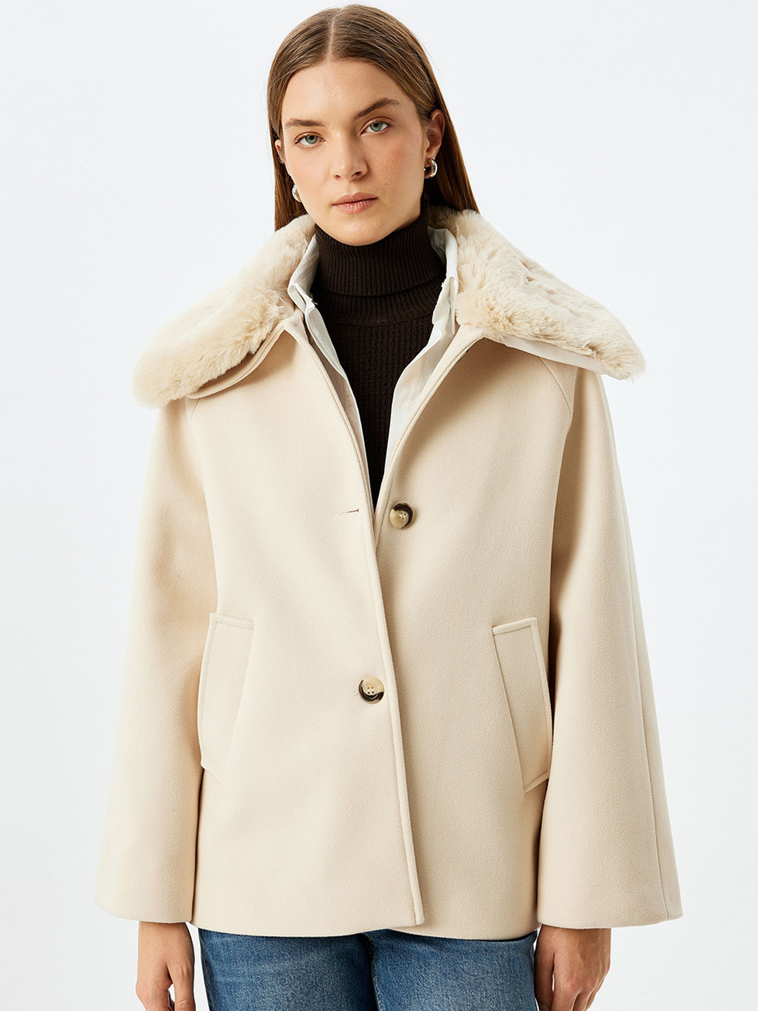 

Koton Women Spread Collar Long Sleeves Overcoat, Beige