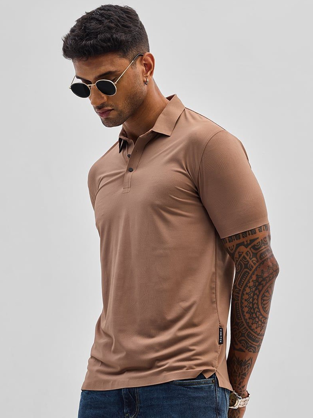 

Snitch Men Self Design Polo Collar Slim Fit T-shirt, Brown