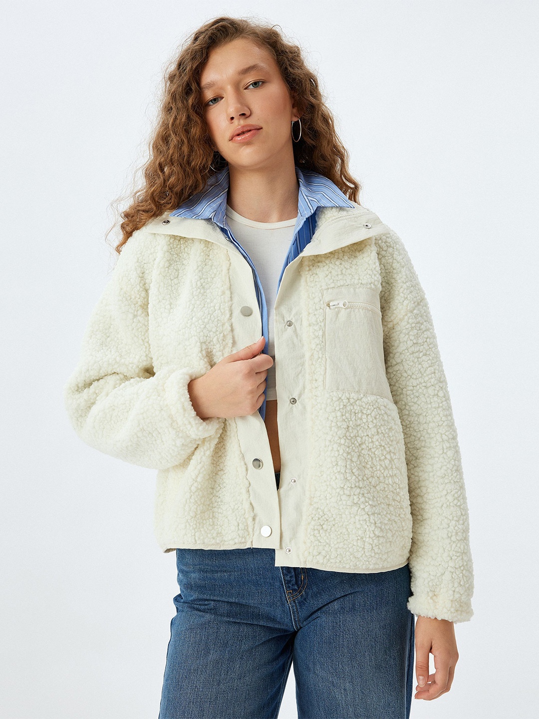

Koton Women Self Design Mock Collar Sweatshirt, Off white