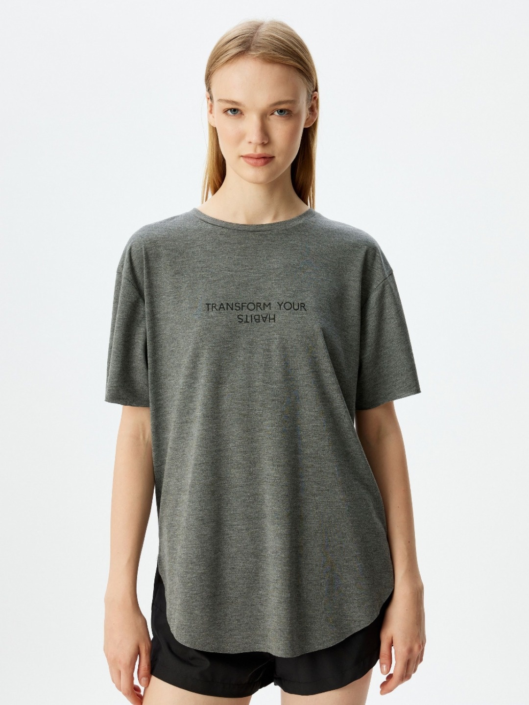 

Koton Women Typography Printed Round Neck Oversized T-shirt, Grey melange