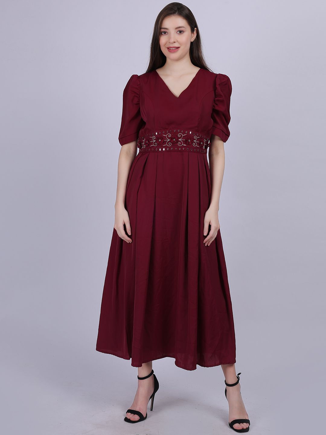 

Aumbe Women Puff Sleeve Fit & Flare Midi Dress, Maroon