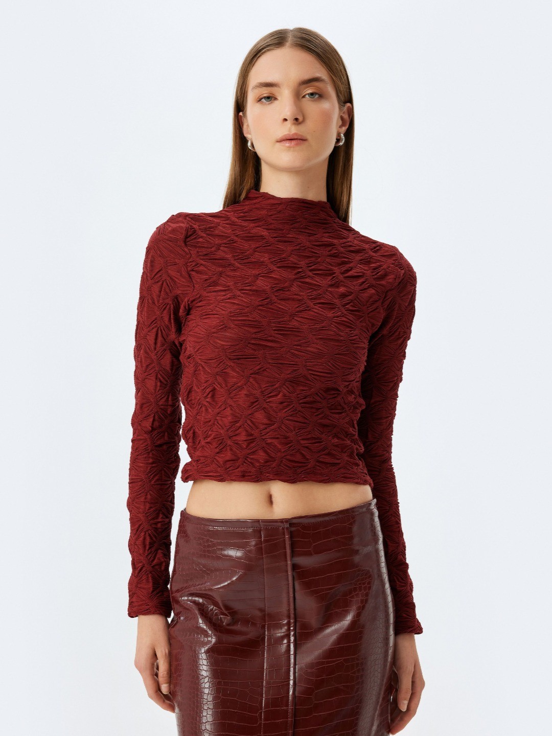 

Koton Women Self Design High Neck Slim Fit T-shirt, Maroon