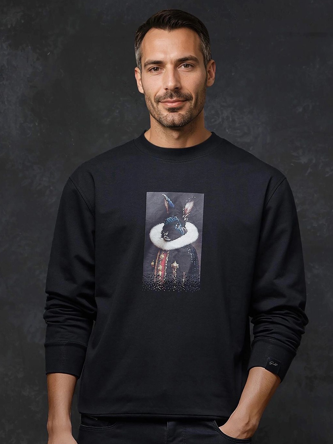 

RARE RABBIT Men Graphic Printed Cotton Sweatshirt, Black