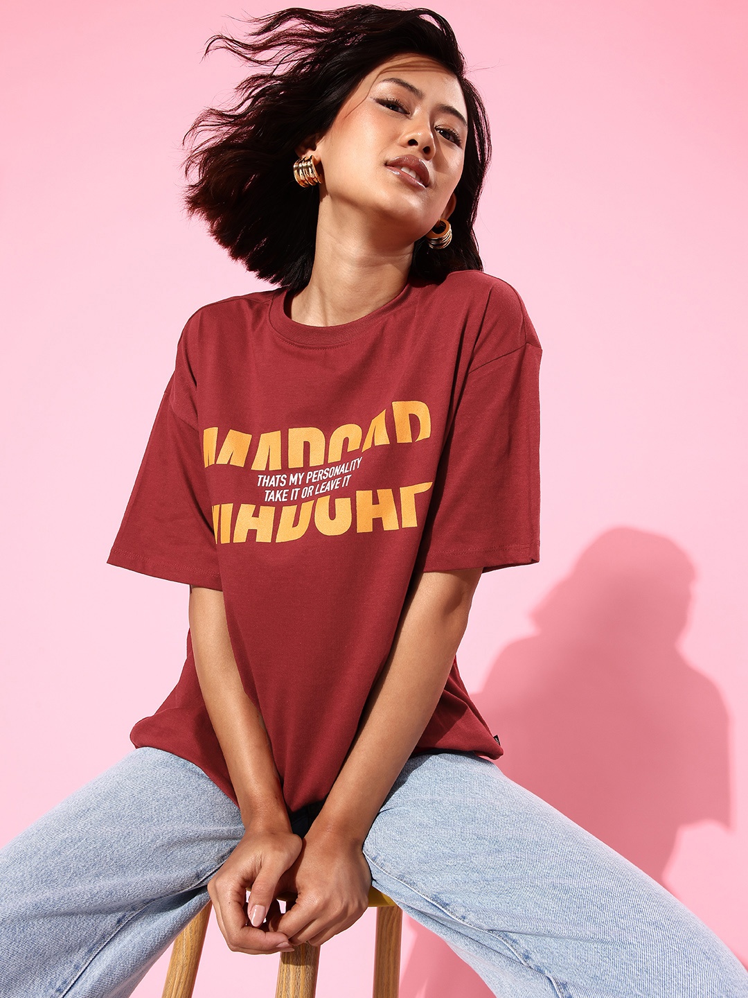 

The Roadster Life Co. Typography Printed Drop-Shoulder Sleeves T-shirt, Maroon