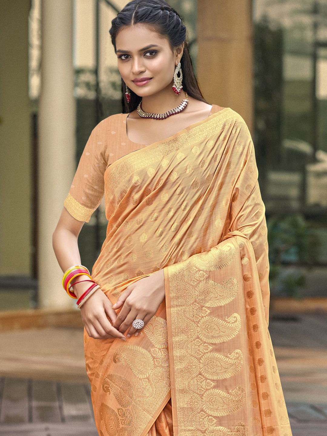 

Ishin Woven Design Zari Silk Blend Saree, Orange
