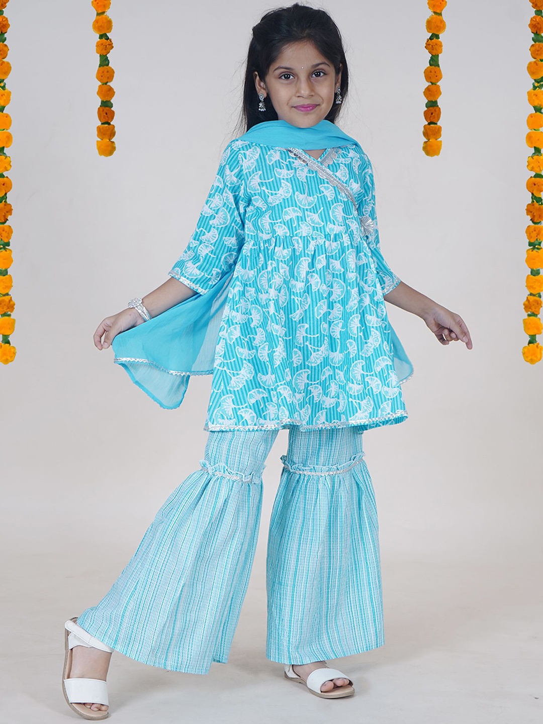 

KiddoPanti Girls Floral Printed Pure Cotton Angrakha Anarkali Kurti With Sharara & Dupatta, Blue