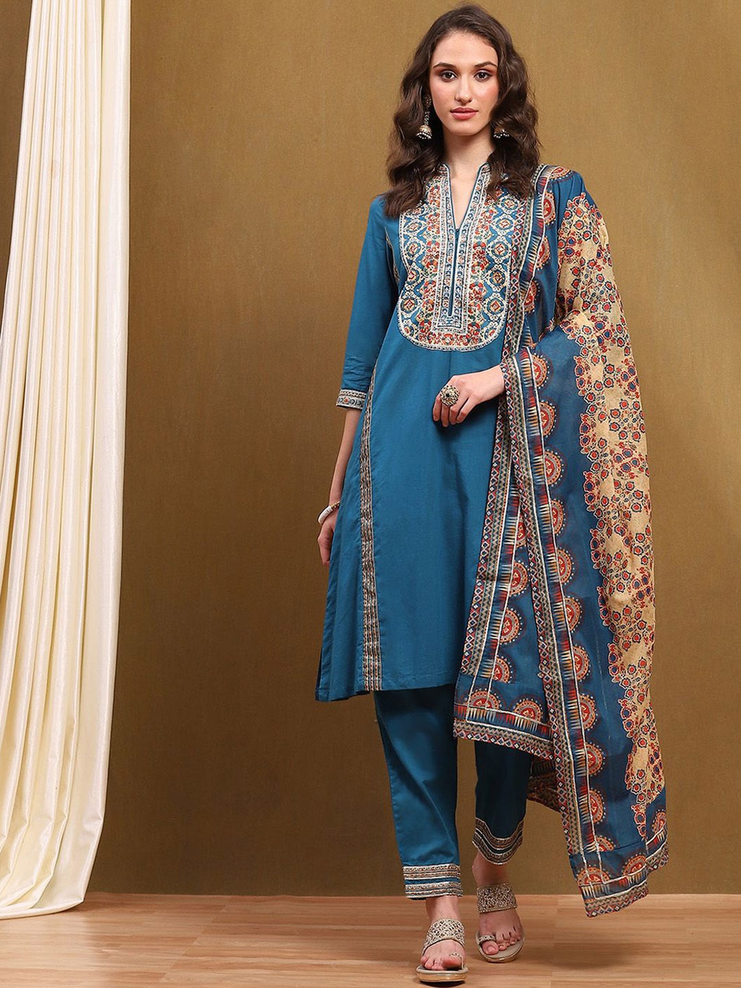 

Biba Floral Yoke Design Straight Sequinned Pure Cotton Kurta with Trousers & Dupatta, Teal