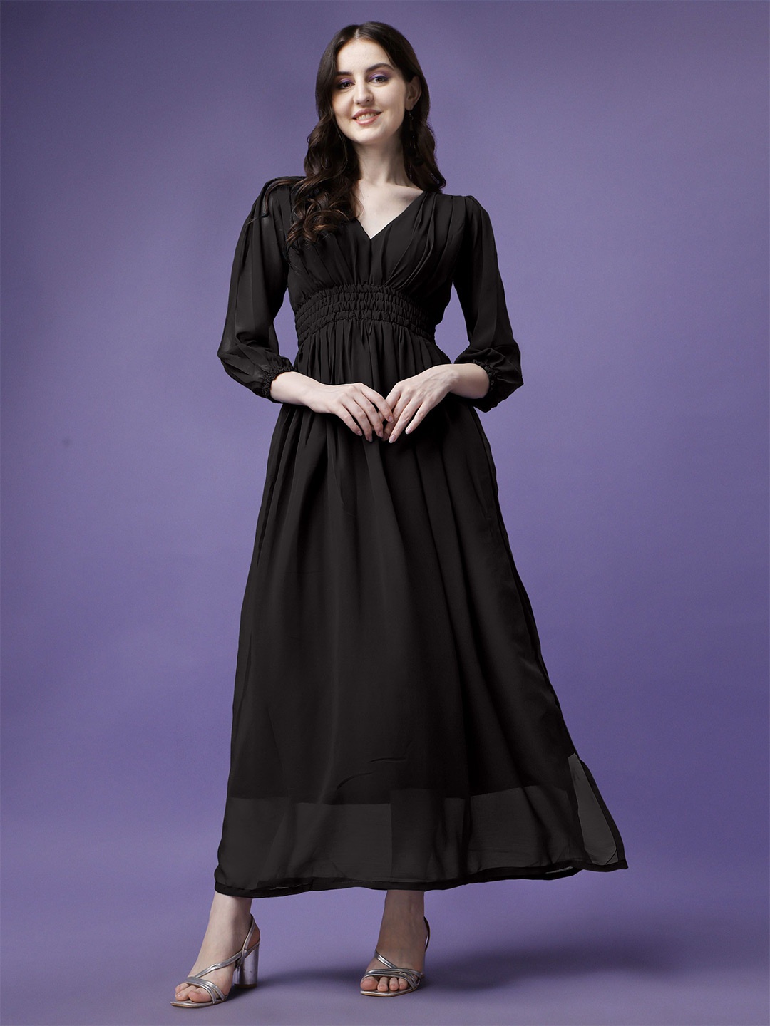 

Raiyani Enterprise Applique Georgette Fit & Flare Maxi Dress, Black